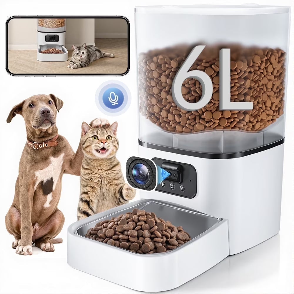 Automatic Cat Feeder with Camera & Night Vision,  Wifi Cat Food Dispenser Dog Timed Feeder Two-Way Audio 6L Pet Feeder for Cat/Dog, APP